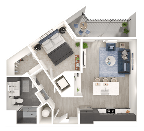 Floor plan for 1 bed, 1 bath, 729 sqft